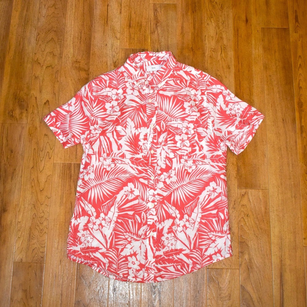 Onia Short Sleeve Button Down Shirt Mens Medium Red Tropical Floral Linen